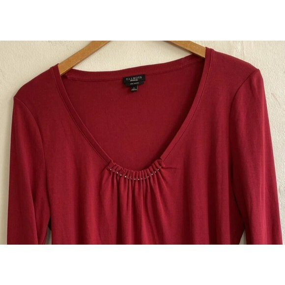 COPY - Talbots Knit Top Large Red Pleated Gathered Neckline Studs Beads Long Sl… - Picture 2 of 9